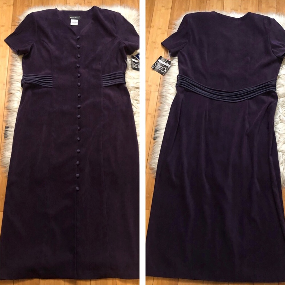 Vintage Kari’s Place Velvet Purple Waist Accent V-neck Button Down Midi Dress 16